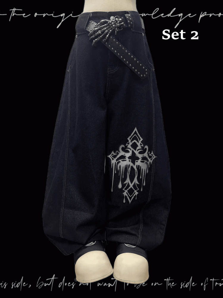 Dark Blue Cross Print Loose Wide-leg Jeans