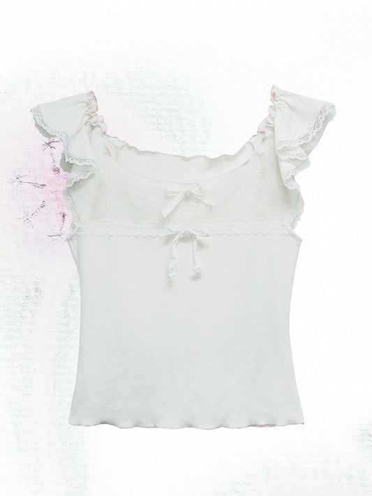 Bowknot Details White Flutter Sleeves Top