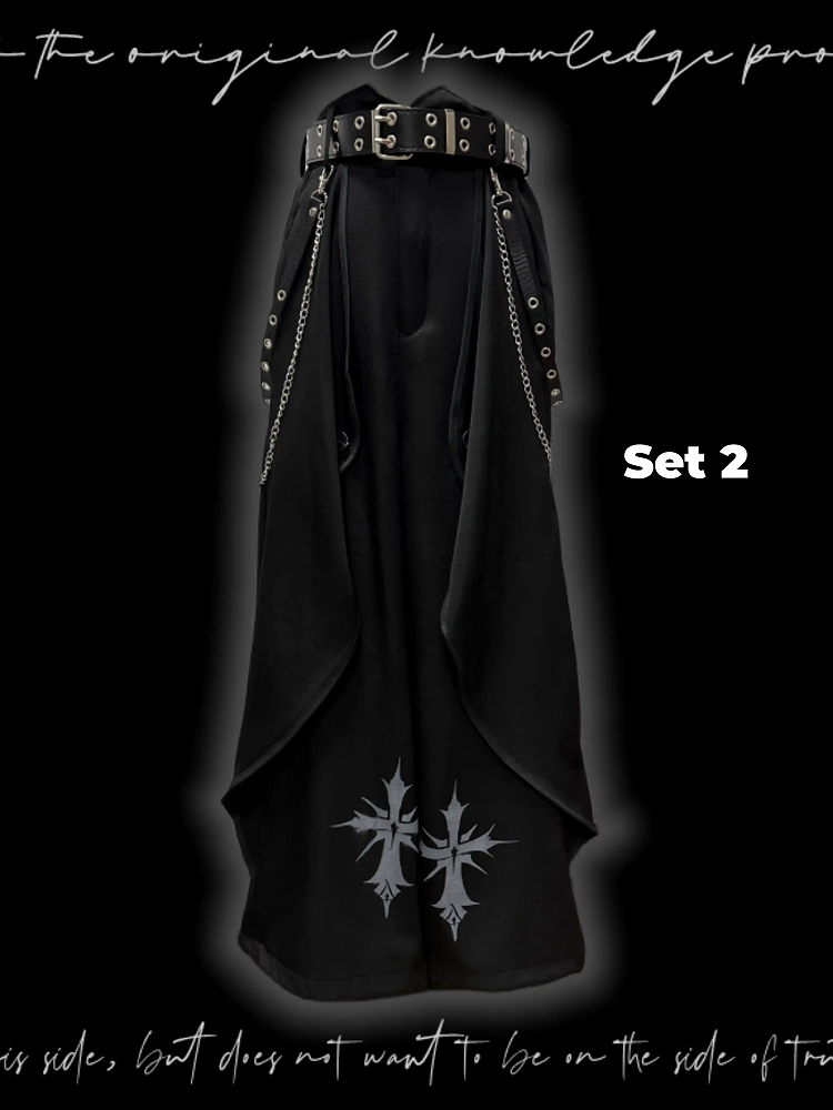 Black Cross Print Asymmetrical Hem Wide-Leg Pants