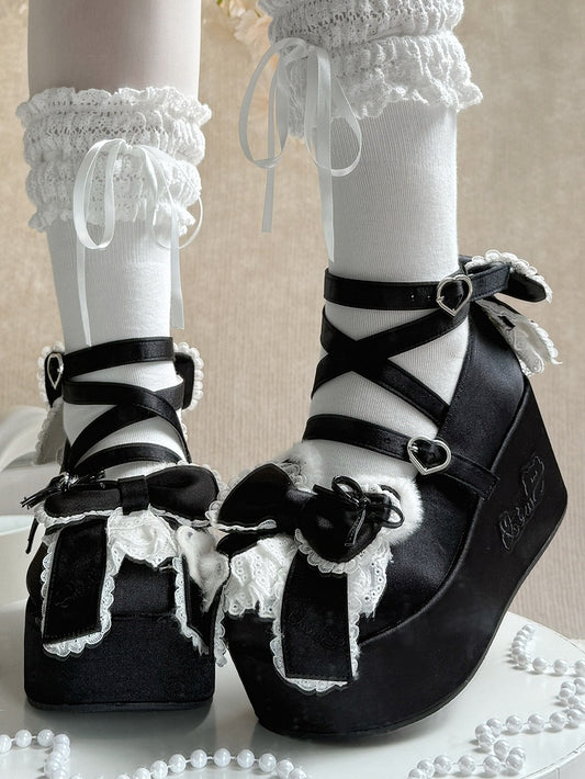 Plush Bear Ear Details, Bow Accents & Crisscross Design Satin Black Platform Shoes in Sweet Lolita