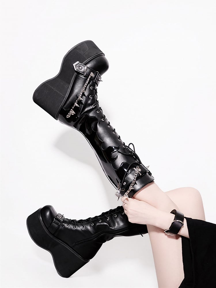 Matte Black Punk Goth Platform Boots Spike Studs Chains Knee-high Boots