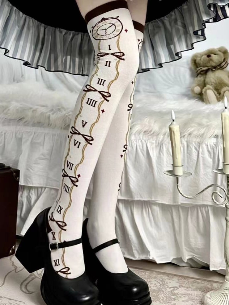 Brown Clock Print Alice In Wonderland Vibes Lolita Over-knee Stockings