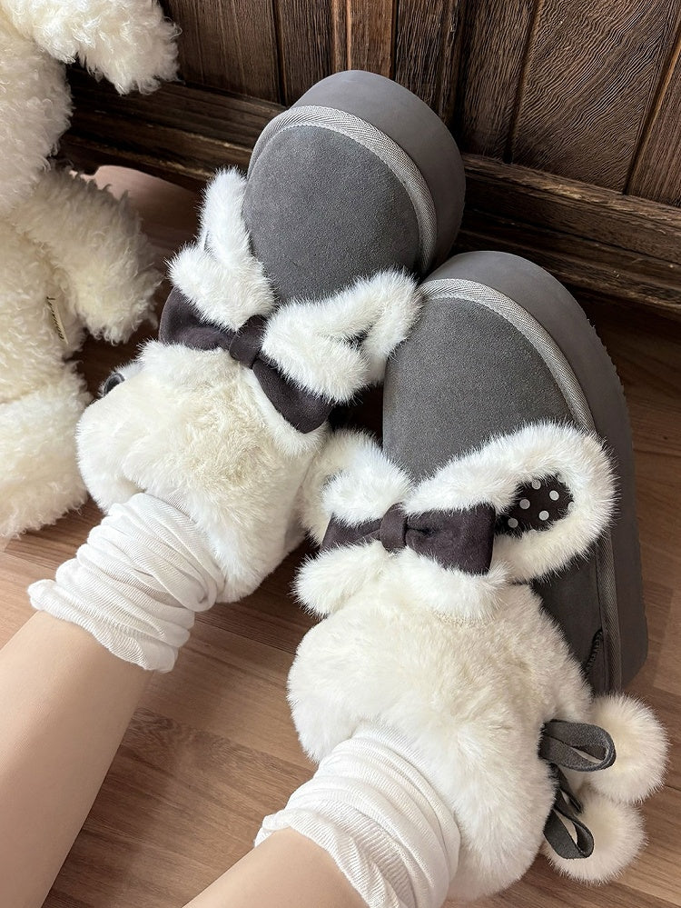 Plush Bunny Ear Decor, Fleece Lining & Pompom Decor Straps Gray Winter Boots in Sweet Lolita