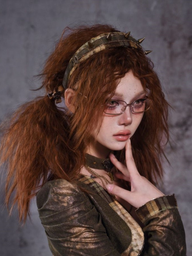 Green Plaid Pattern Stud Metal Butterfly KC