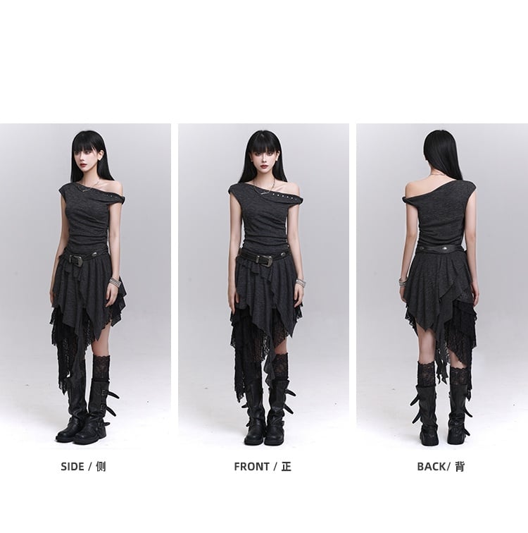 Studded Asymmetrical Neckline Cascading Ruffles Dress with Buckle Belt