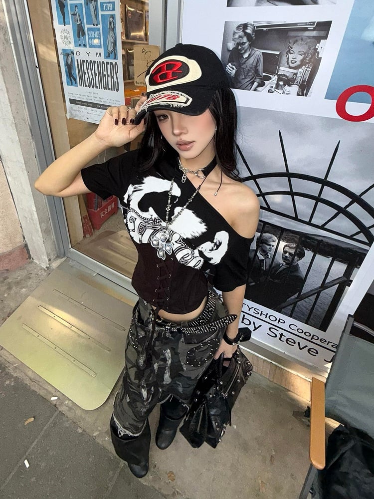 Black / White Asymmetrical Neckline T-Shirt with Lace-up Waist