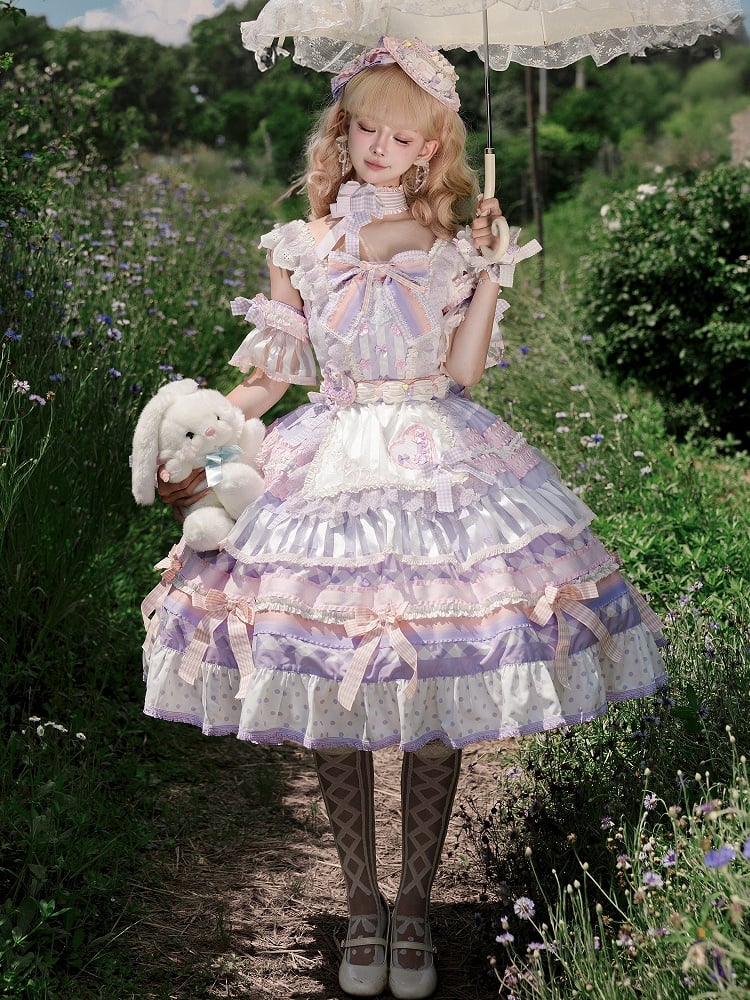 Purple Taro Paste Cake Bow Accents Tiered Skirt Sweet Lolita JSK Full Set