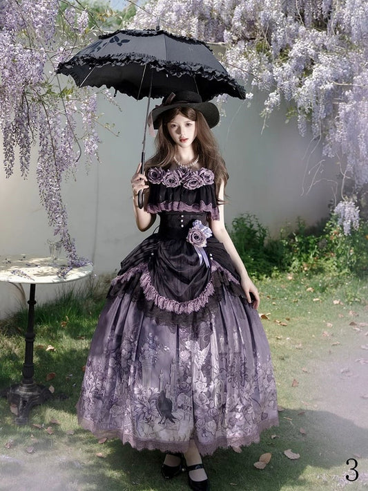 Black & Purple Floral Print Elegant Classic Lolita Skirt with Lace Trim
