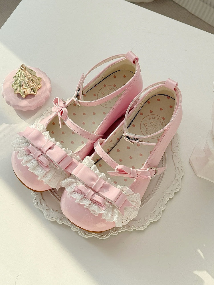 Pink Sweet Lolita Low-heel Mary Janes with Ruffled Lace Details & Bow Decor