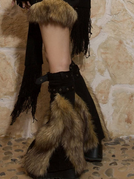 Gyaru Fashion Y2K Black Punk Leg Warmers with Buckle Straps & Faux Fur Trims