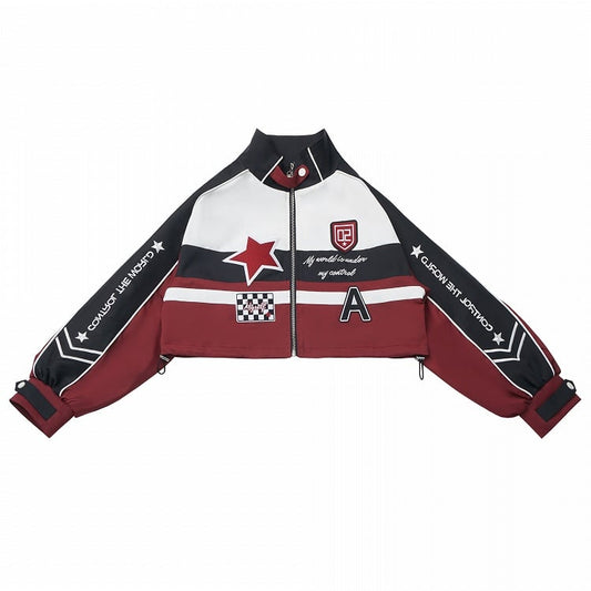 White & Red Moto-Inspired Cropped Zipper Jacket with Embroidered Applique Accents