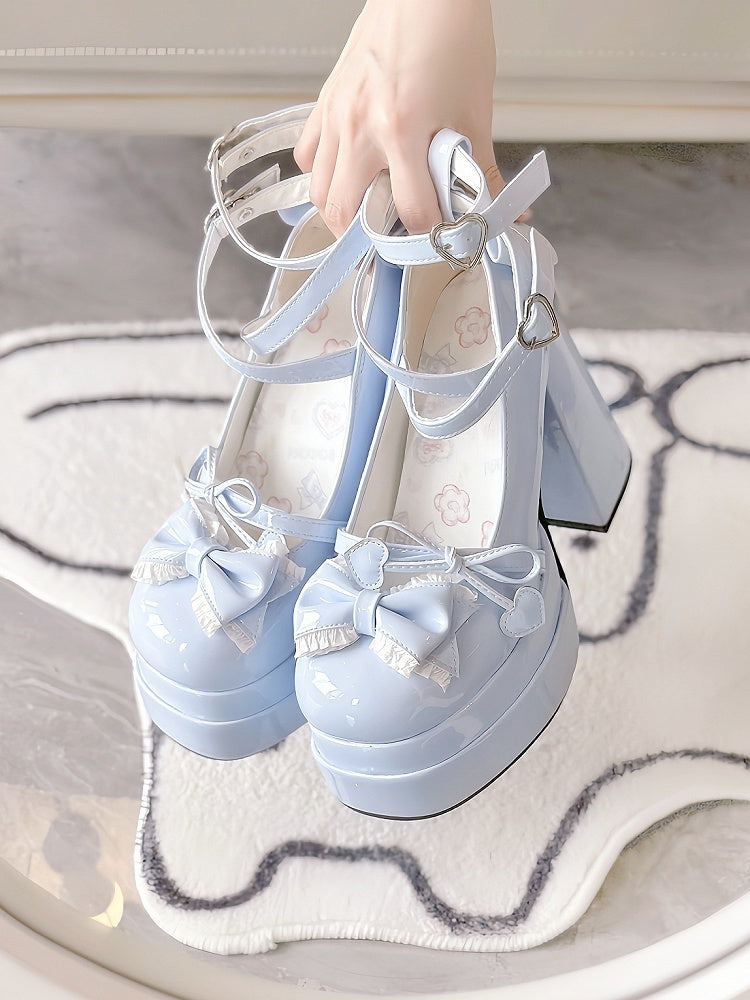 Blue Lace Trim Bow at Top Heart Buckles Crisscross Design Platform High Block Heels