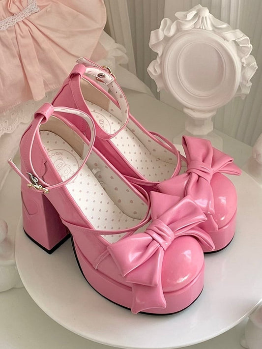 Bow Accents, Ornate Heart Buckle & Ankle Wrap Straps PU Deep Pink Platform High Block Heels in Sweet Lolita