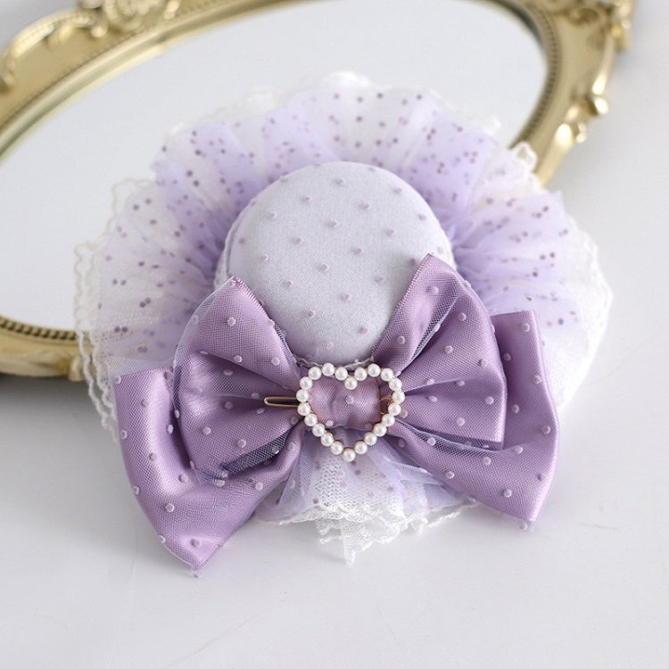 Purple Beaded Heart Decorated Bowknot Design Polka-dot Pattern Lace Trim Mini Hat