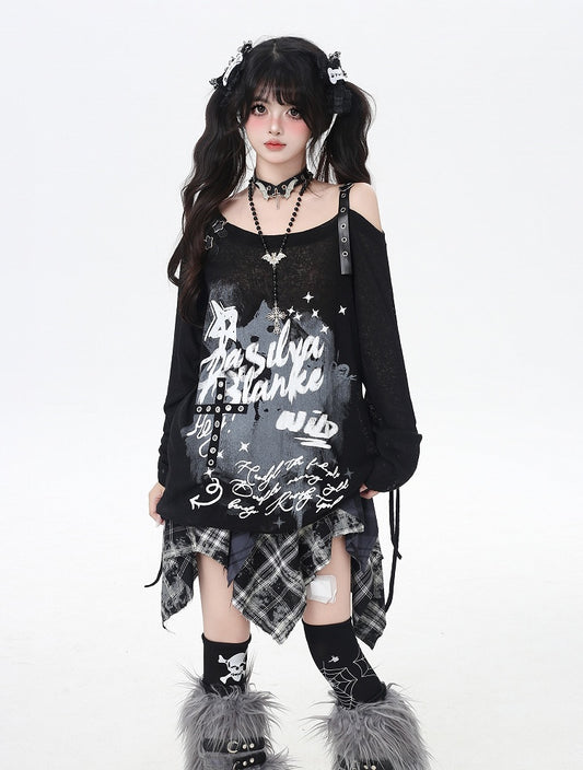 Asymmetrical Neckline Graffiti Print Star Buckles Light Gray/Black Coverup