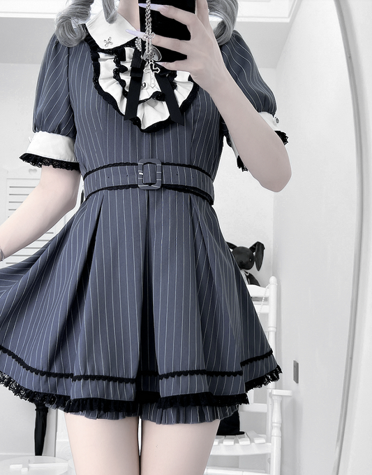 Peter Pan Collar Top with Shorts Dark Blue Stripes Maid Jirai Kei Set