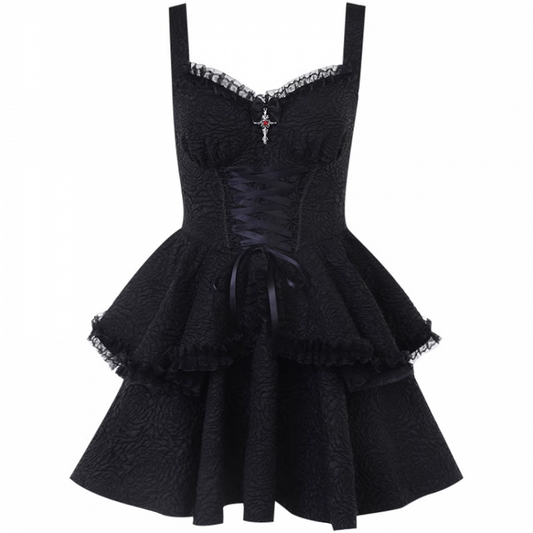 Black Sweetheart Neckline Lace-up Front Tiered Skirt Gothic Sleeveless Dress