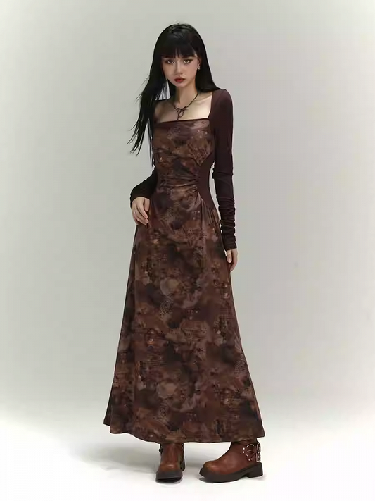 Millard Fashion Brown Square Neck Gathering Details Slim-fitting Dress