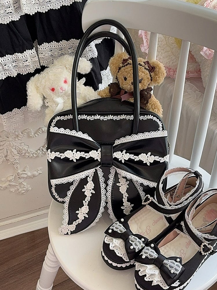 Black Lace Trim Bowknot Design Hand Bag