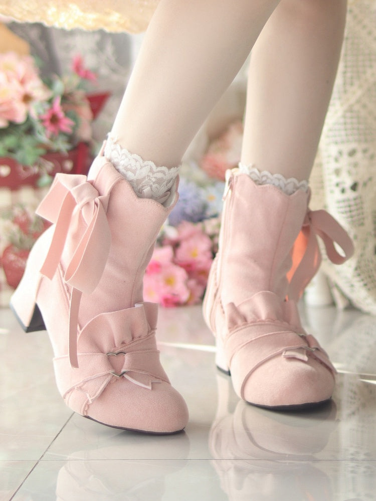 Pink Knotted Bow Accent Zip Closure at Sides Ankle Boots