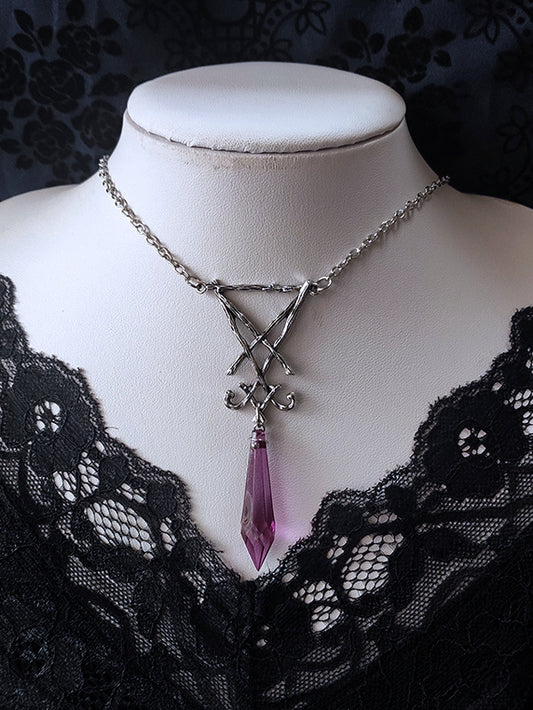 Y2K Purple Rhinestone Pendant Gothic Silver Necklace