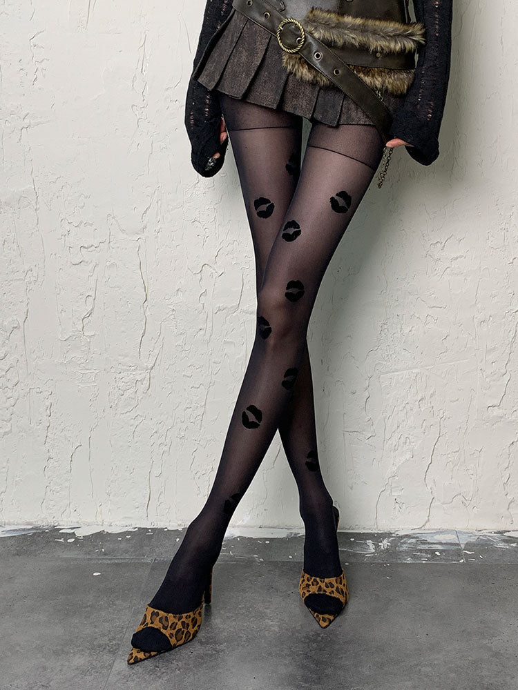 Black/Red Gothic Lips Print Tights