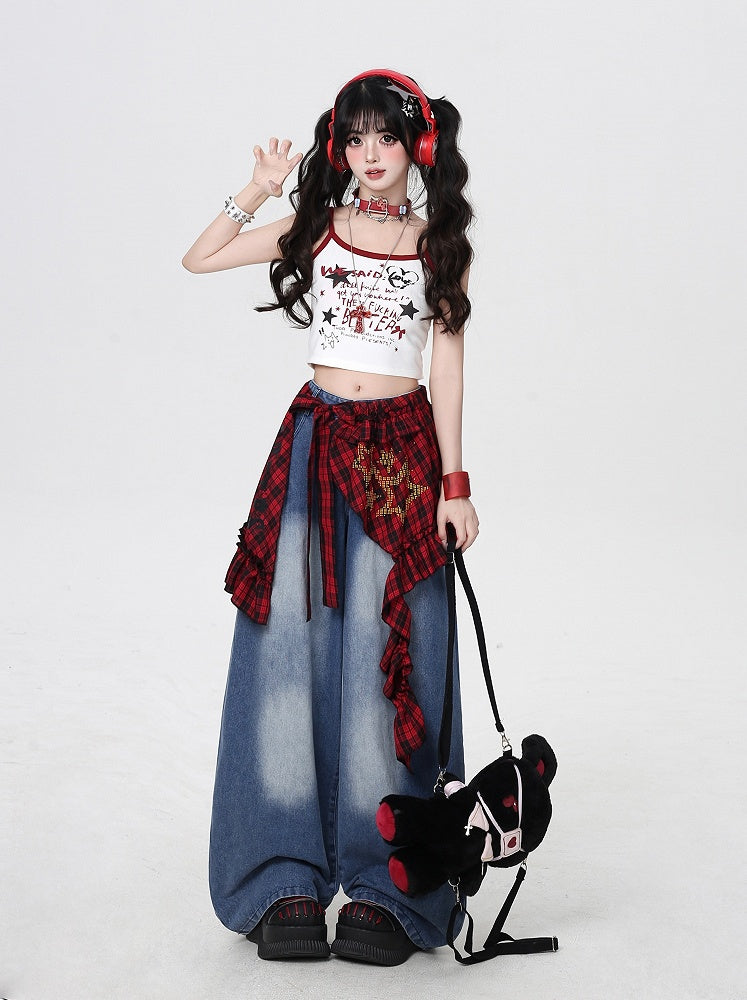 Blue Low Rise Faded Wash Wide-leg Jeans with Red Plaid Waist Accessory