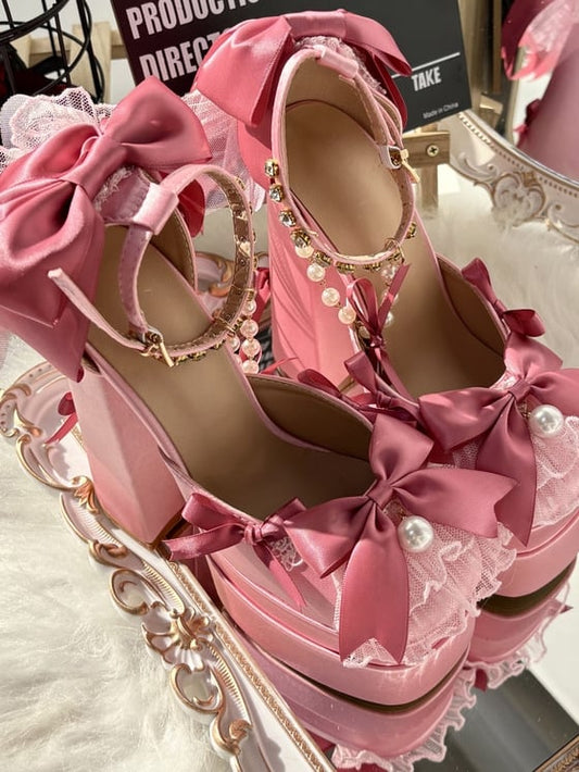 Pink Bows Rhinestone Ankle Strap 14CM Block Heel Lolita Shoes with Beaded Chains