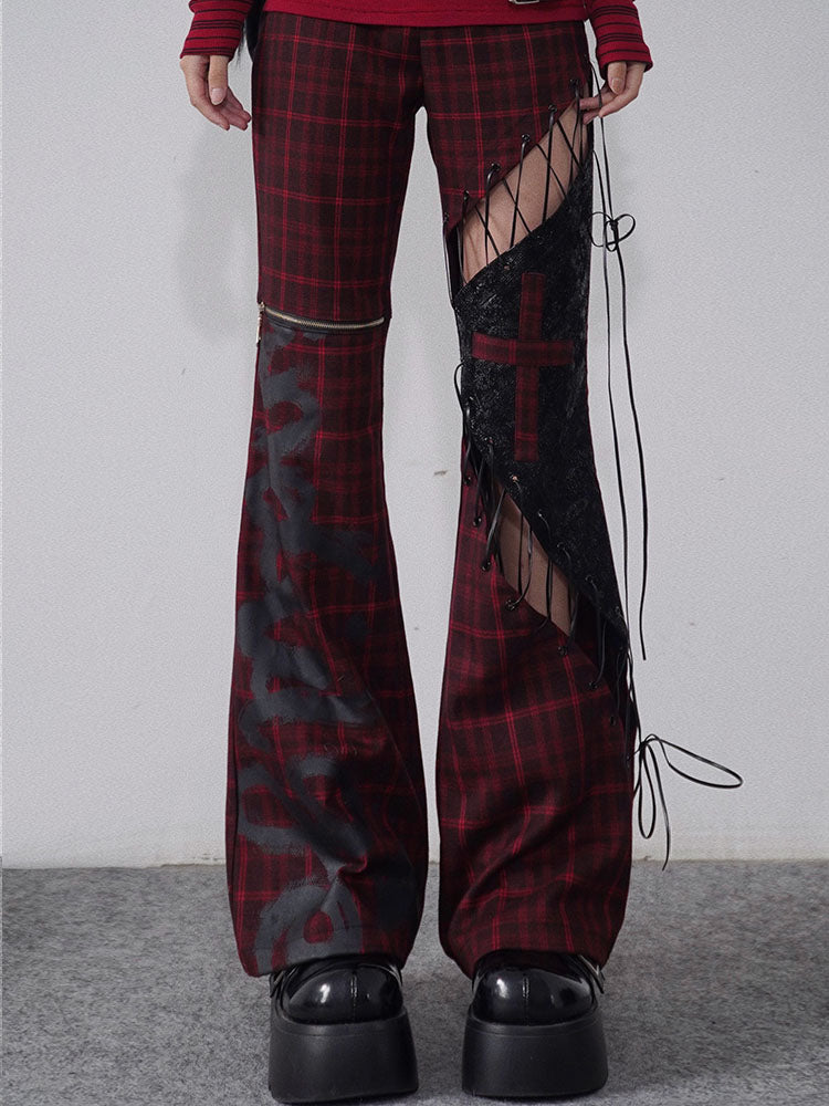 Lace-up Detail Red and Black Plaid Punk Rock Cutout Pants