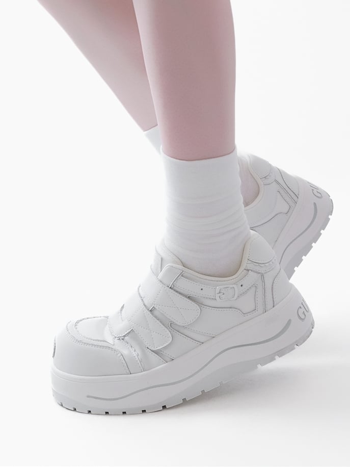 White Velcro Strap Closures Platform Sneakers