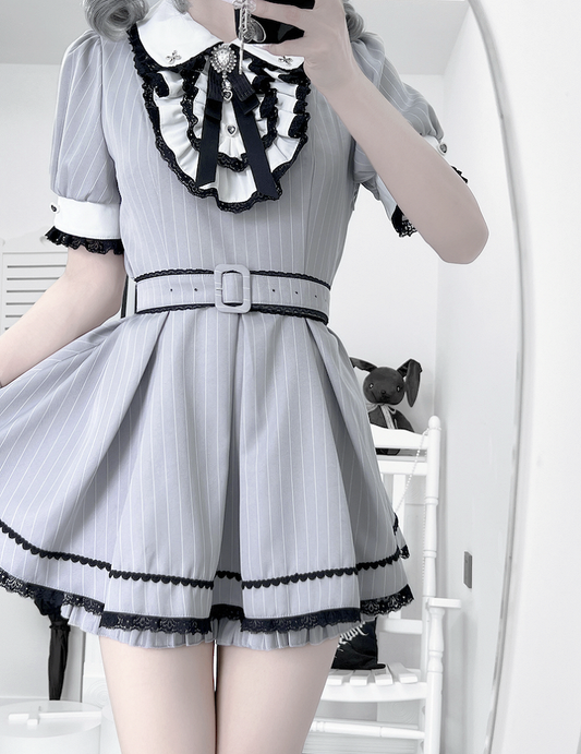 Peter Pan Collar Top with Shorts Gray and White Stripes Maid Jirai Kei Set