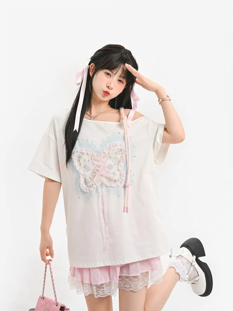 Sequins Decorated Butterfly Lace-up Detail White Asymmetrical Neckline T-shirt