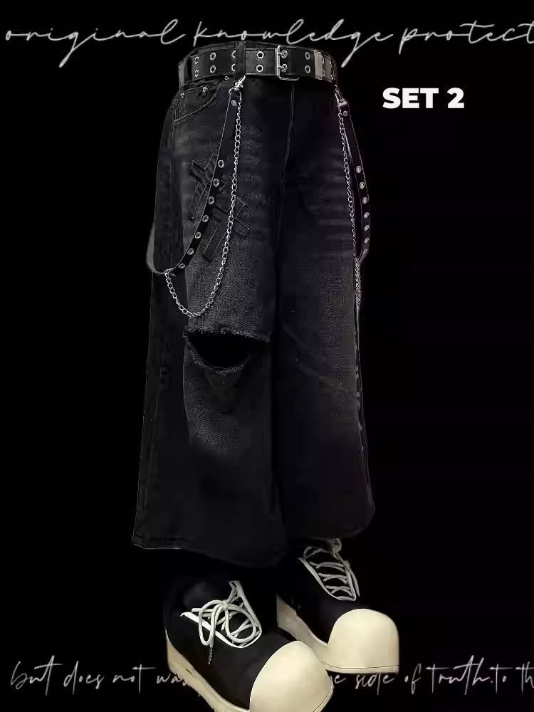 Black Cross Appliques Distressed Holes Vintage Straight-Leg Jeans