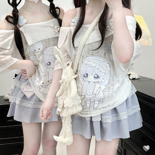 Yami Kawaii Cartoon Print Off-the-shoulder Neckline White Jirai Kei T-shirt