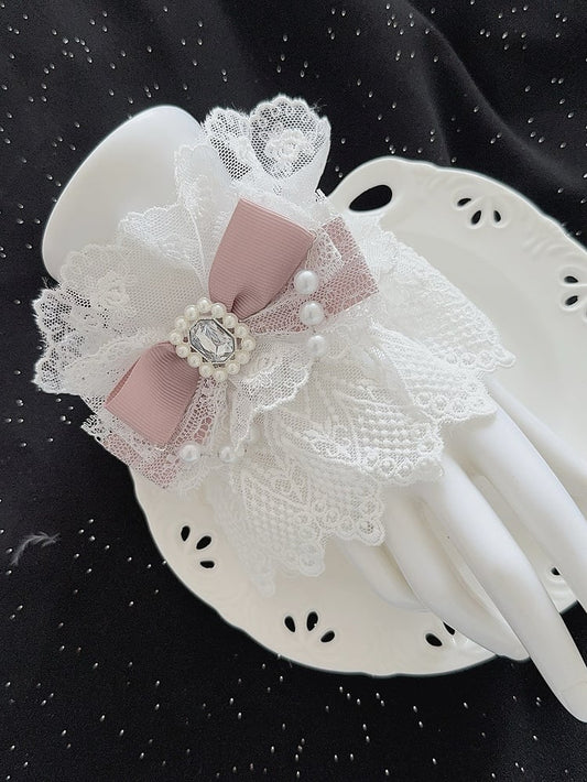5 Color Options Beaded Charm Rhinestone Decorated Bowknot Lace Wrist Cuffs
