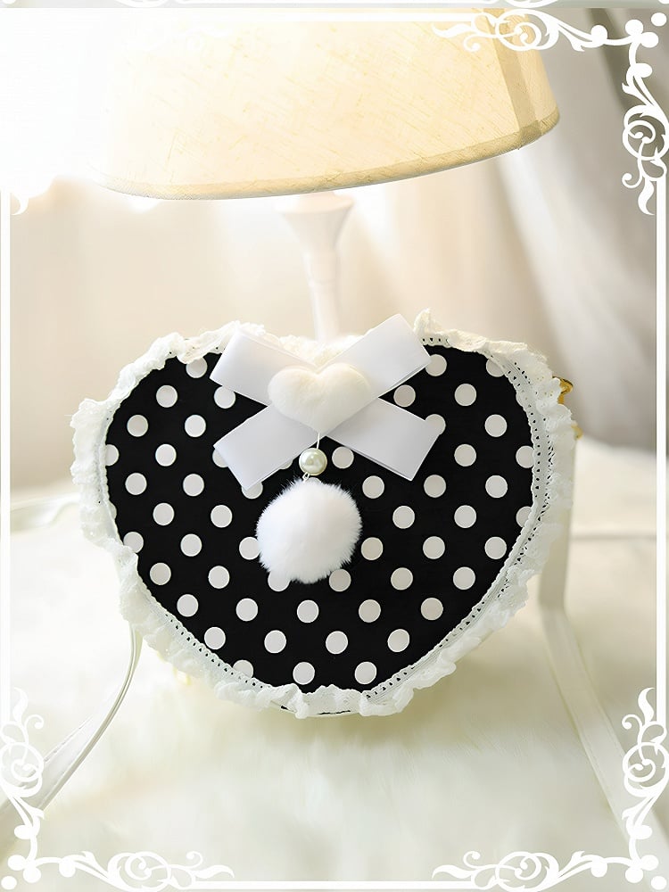 Black Polka-dot Pattern Beaded Decorated Plush Bunny Design Heart-shaped Crossbody Bag With Pompon