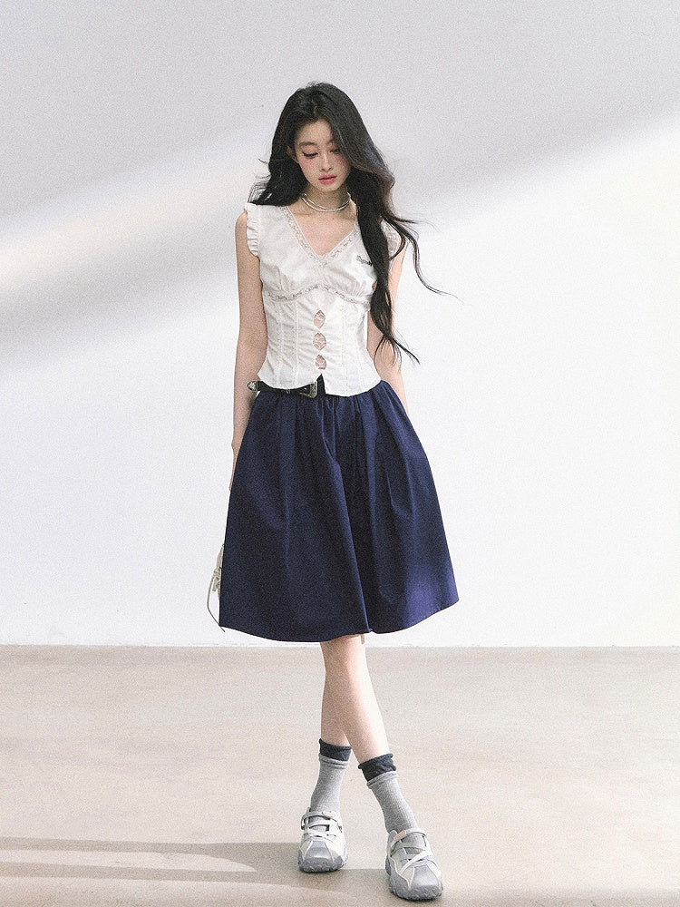 Black/Navy Blue A-line Knee Length Skirt