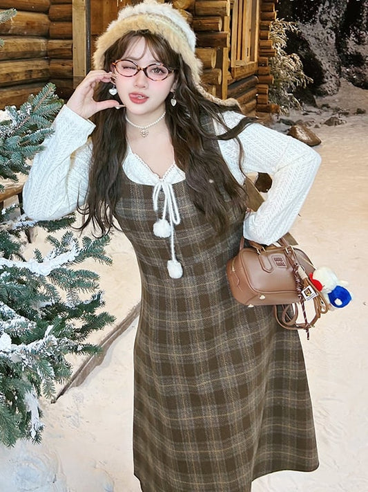 Plus Size Brown High Waist Plaid Pattern Woolen Overall Dress