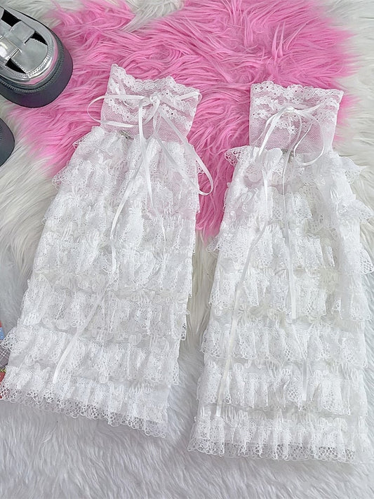 White Lace Floral Pattern Bowknot Details Semi-sheer Leg Sleeves With Self-tie Straps