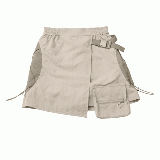 Khaki Snap and Drawstring Detail Techwear Skort