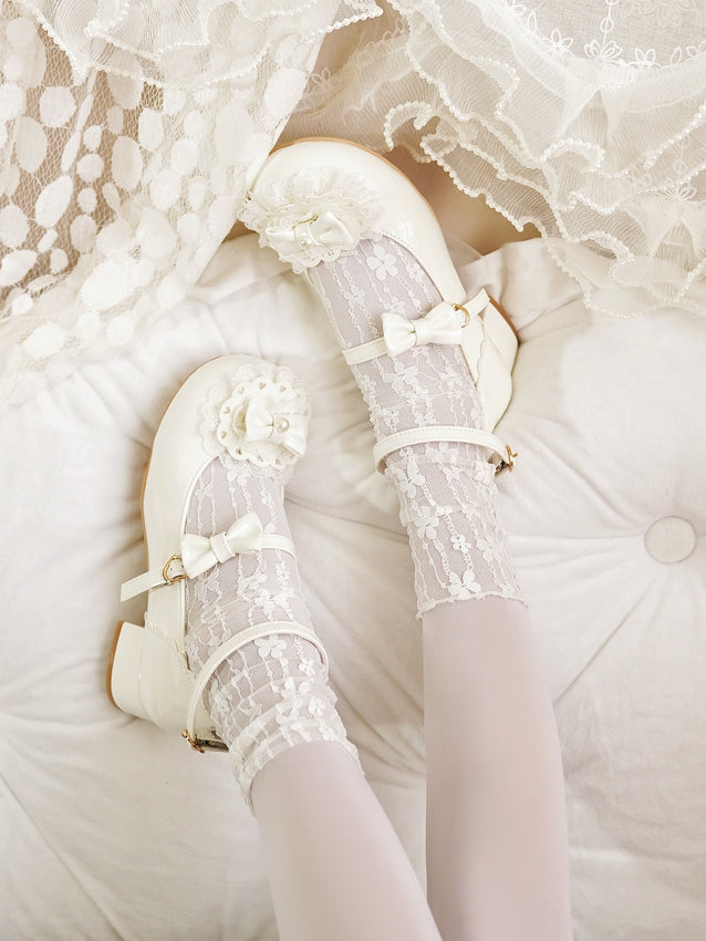 Milky White Bow at Top Lace Trim Heart Buckles Round Toe Lolita Shoes