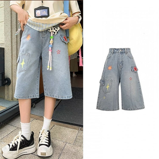 Colorful Star Print Blue Faded Wash Distressed Wide-leg Denim Shorts