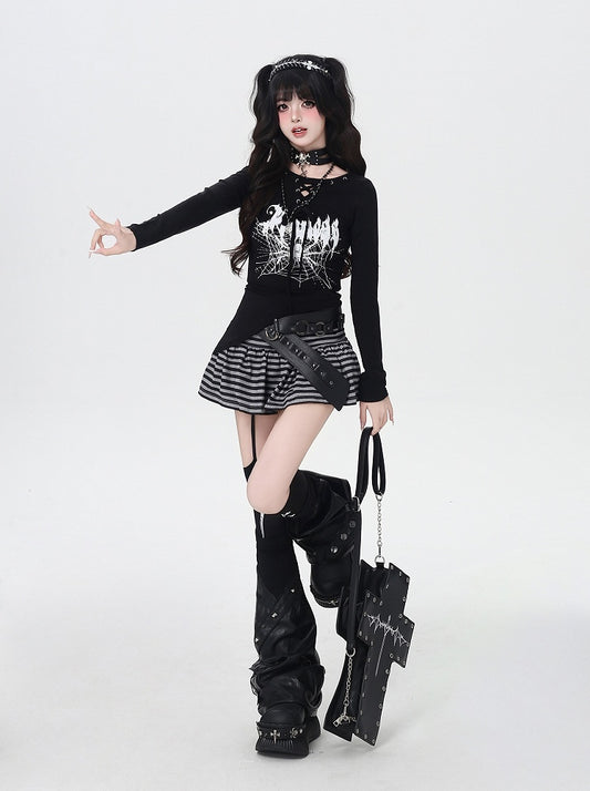 Spider Web Print Lace-up Neckline Asymmetrical Hem Black Top