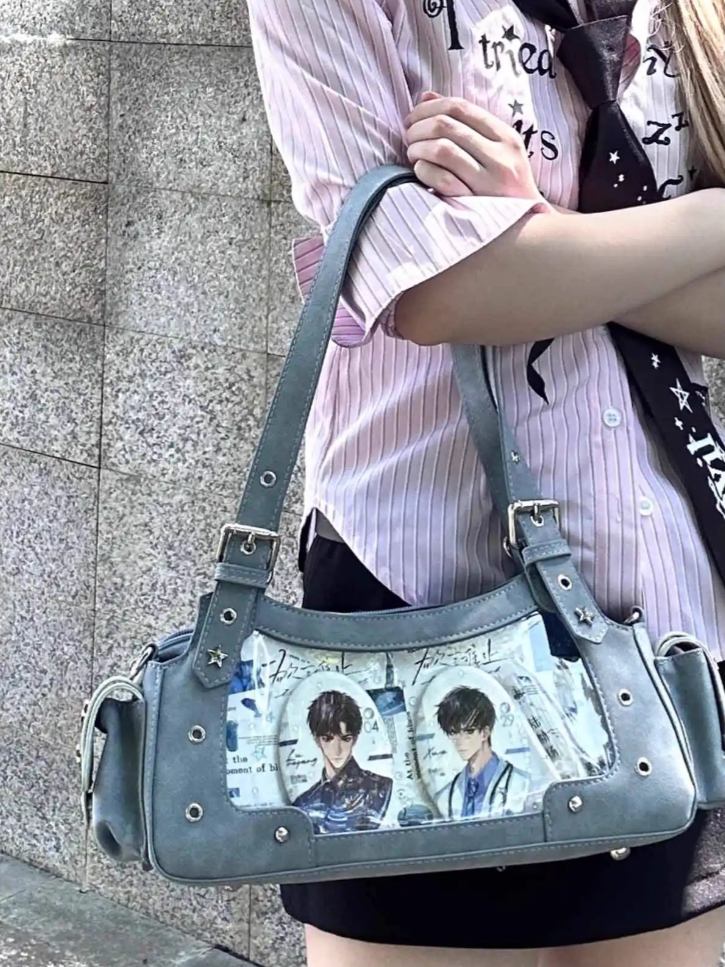 Blue PU Y2K Shoulder Ita Bag With Star Charm