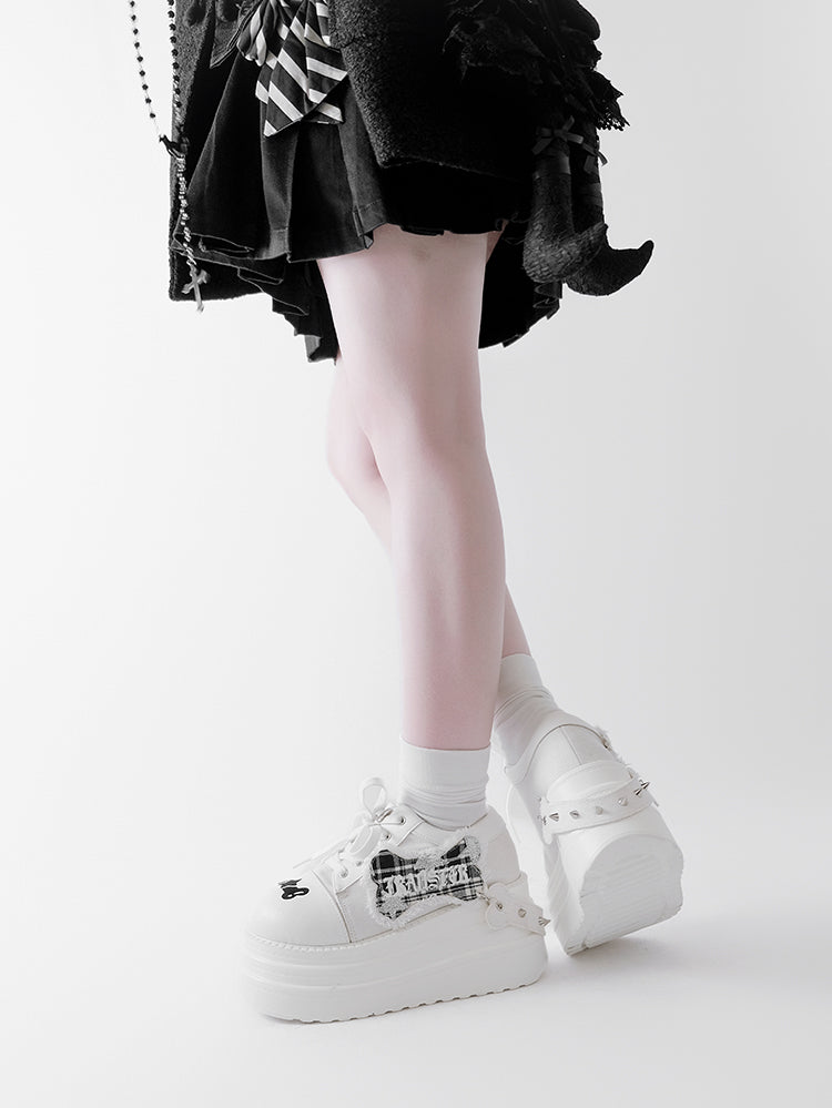 White Punk Bone Applique Silver-tone Studs Platform Shoes