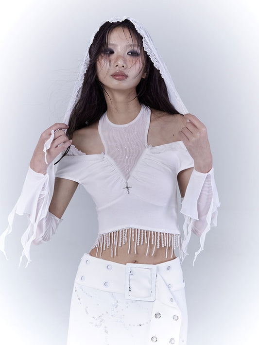White Cutout Shoulder Beaded Tassel Hem Punk Cropped Top with Lace Hood