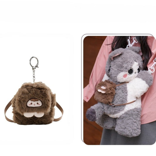 Gray Cute Plush Kitty Backpack/Crossbody Bag + Plush Backpack Keychain