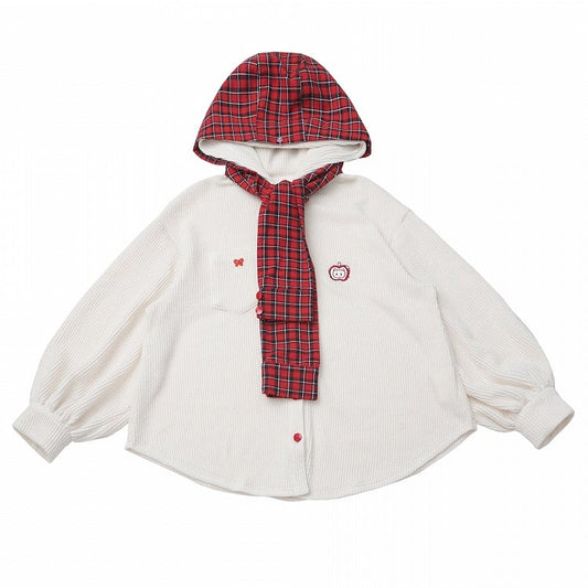 Regular/Thicken White Knit Hoodie with Detachable Red Plaid Hood Scarf