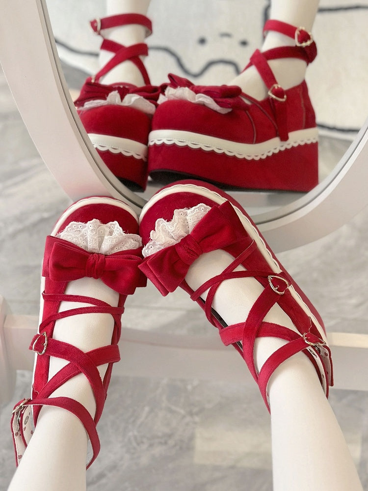 Red Velvet Mary Janes for Lolita - Lace Accented Bow with Romantic Clasp & Crisscross Design