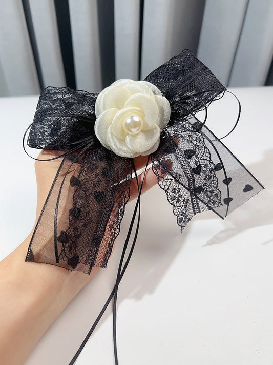 Black&White Beaded Decorated Camellia Design Bow Tie